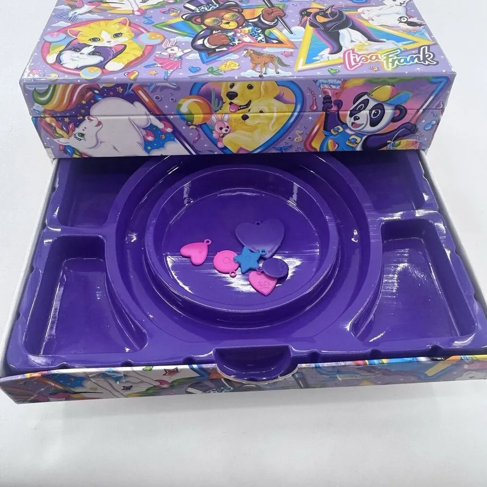 VTG 90s Lisa Frank Jewelry Trinket Stationary Storage Box and 6 Charms Fast Ship